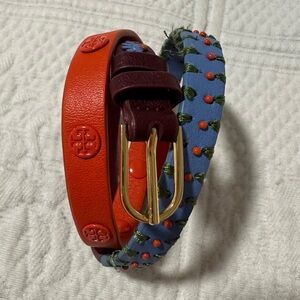 Tory Burch Stitched Leather Double Wrap Multi color Logo Bracelet